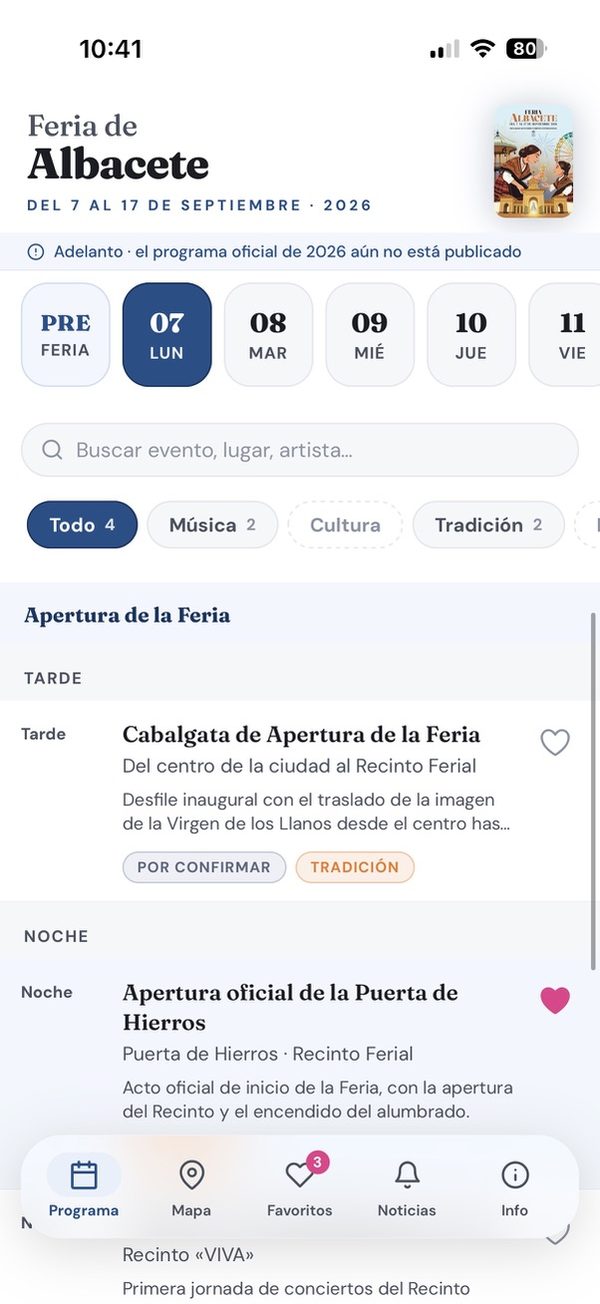 Captura del programa diario de la app Feria Albacete